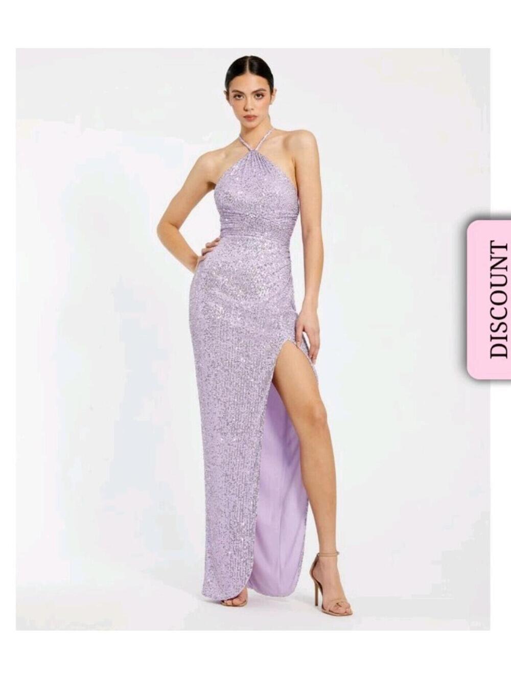 NWT Mac Duggal 27128 Purple Lilac Halter Ruched Side Slit Sequin Gown size 8